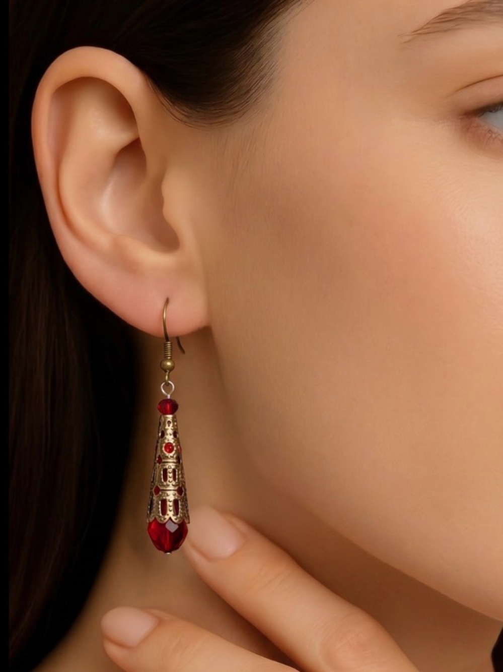 Victorian Filigree Earrings, with red Crystal in Antiqued Brass
